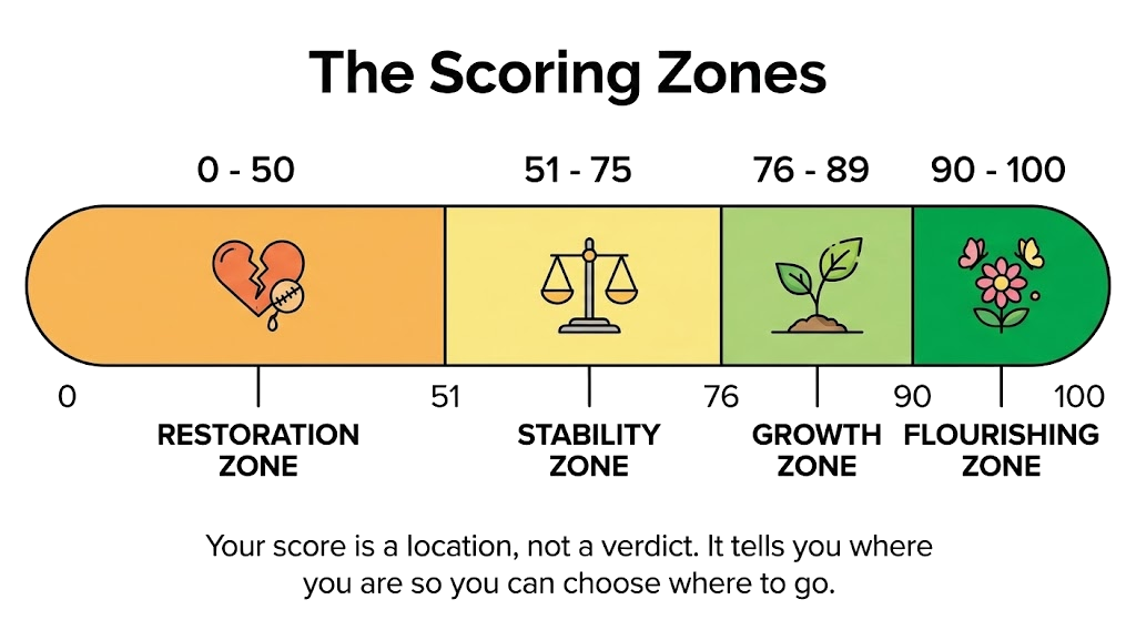 The four assessment scoring zones: Restoration (0-50), Stability (51-75), Growth (76-89), and Flourishing (90-100). Your score is a location, not a verdict -- it tells you where you are so you can choose where to go.