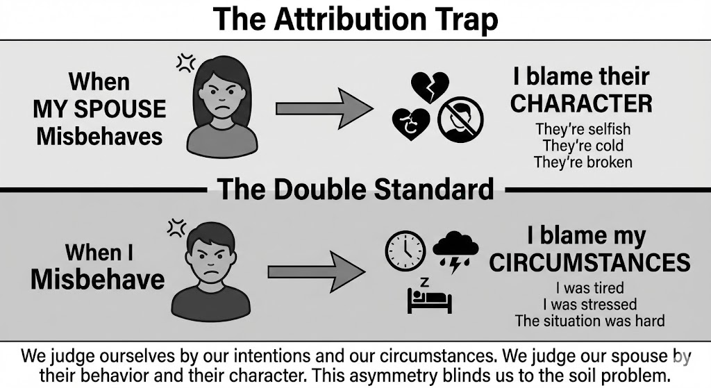 The Attribution Trap / The Double Standard: When my spouse misbehaves, I blame their character (they're selfish, they're cold, they're broken). When I misbehave, I blame my circumstances (I was tired, I was stressed, the situation was hard). We judge ourselves by our intentions and our circumstances. We judge our spouse by their behavior and their character. This asymmetry blinds us to the real problem.