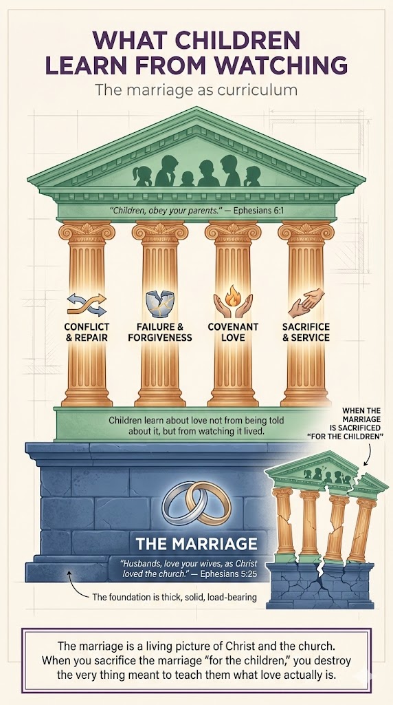 What Children Learn From Watching: The Marriage as Curriculum. A temple facade with four pillars -- Conflict & Repair, Failure & Forgiveness, Covenant Love, Sacrifice & Service -- resting on the marriage as foundation. Children learn about love not from being told about it, but from watching it lived. When the marriage is sacrificed "for the children," the temple cracks: sacrificing the marriage destroys the very thing meant to teach them what love actually is.