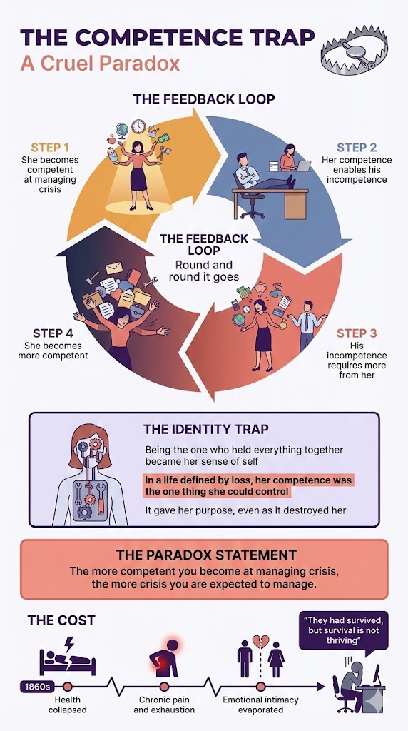 The Competence Trap: A Cruel Paradox. The feedback loop: Step 1, she becomes competent at managing crisis. Step 2, her competence enables his incompetence. Step 3, his incompetence requires more from her. Step 4, she becomes more competent. Round and round it goes. The identity trap: being the one who held everything together became her sense of self. The paradox statement: the more competent you become at managing crisis, the more crisis you are expected to manage.