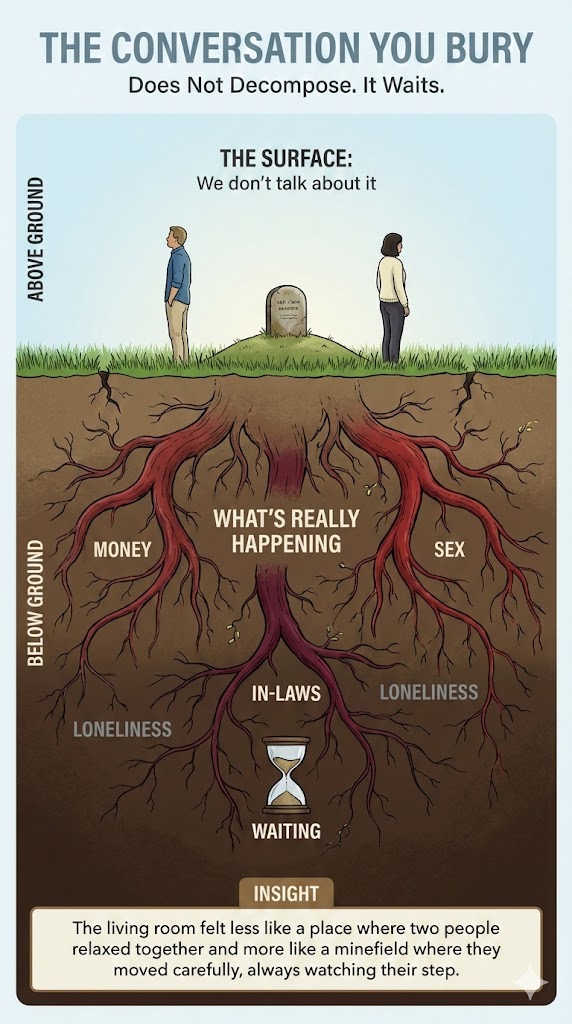 The Conversation You Bury: Does Not Decompose. It Waits. Above ground: "The Surface: We don't talk about it" -- a couple standing on either side of a gravestone. Below ground: roots leading to what's really happening -- money, sex, in-laws, loneliness -- and an hourglass labeled "waiting." Insight: the living room felt less like a place where two people relaxed together and more like a minefield where they moved carefully, always watching their step.