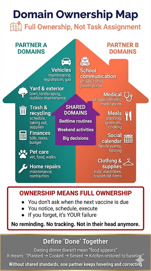 Domain Ownership Map: Full Ownership, Not Task Assignment. Partner A domains (vehicles, yard & exterior, trash & recycling, finances, pet care, home repairs) and Partner B domains (school communication, medical, meals, social calendar, clothing & supplies), with Shared Domains in the middle (bedtime routines, weekend activities, big decisions). Ownership means full ownership: no reminding, no tracking, not in their head anymore.