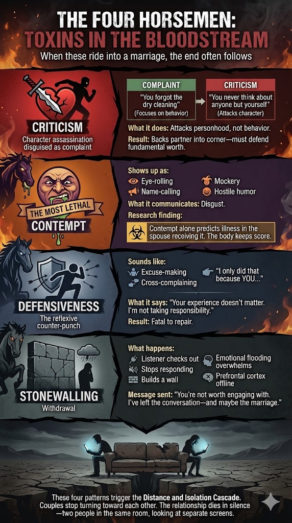 The Four Horsemen: Toxins in the Bloodstream -- Criticism (character assassination disguised as complaint), Contempt (the most lethal, research finding: predicts illness in the spouse receiving it), Defensiveness (the reflexive counter-punch), Stonewalling (withdrawal). These four patterns trigger the Distance and Isolation Cascade.