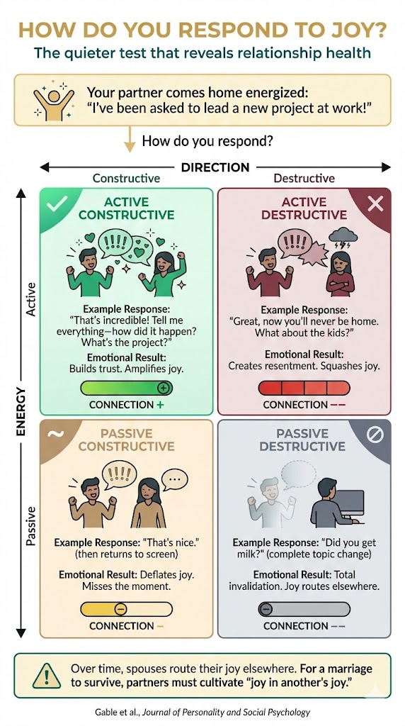How Do You Respond to Joy? The quieter test that reveals relationship health. Partner comes home energized with good news -- how do you respond? Active Constructive ("Tell me everything!" -- builds trust, amplifies joy) vs. Active Destructive ("Now you'll never be home" -- creates resentment, squashes joy) vs. Passive Constructive ("That's nice," then back to the screen -- deflates joy, misses the moment) vs. Passive Destructive (complete topic change -- total invalidation, joy routes elsewhere). Over time, spouses route their joy elsewhere. For a marriage to survive, partners must cultivate joy in another's joy. Citation: Gable et al., Journal of Personality and Social Psychology.