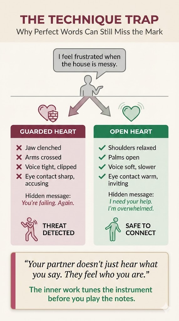 The Technique Trap: Why Perfect Words Can Still Miss the Mark. "I feel frustrated when the house is messy" said from a Guarded Heart (jaw clenched, arms crossed, voice tight, eye contact sharp -- hidden message "You're failing. Again." -- read as Threat Detected) vs. an Open Heart (shoulders relaxed, palms open, voice soft, eye contact warm -- hidden message "I need your help, I'm overwhelmed" -- read as Safe to Connect). "Your partner doesn't just hear what you say. They feel who you are." The inner work tunes the instrument before you play the notes.