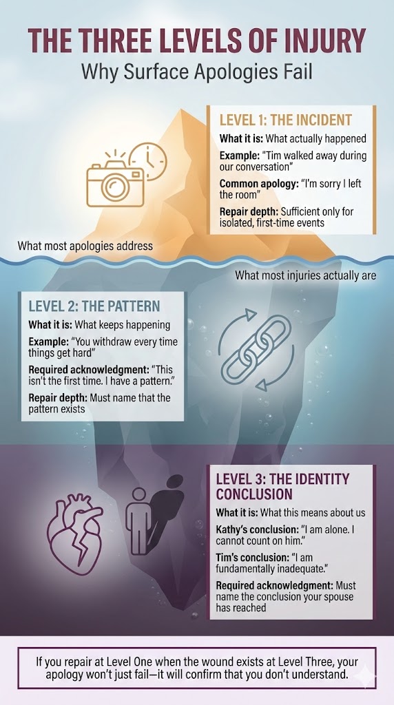 The Three Levels of Injury: Why Surface Apologies Fail. Level 1: The Incident (what actually happened -- "Tim walked away during our conversation," sufficient repair depth only for isolated, first-time events). Level 2: The Pattern (what keeps happening -- "You withdraw every time things get hard," repair must name that the pattern exists). Level 3: The Identity Conclusion (what this means about us -- "I am alone. I cannot count on him," repair must name the conclusion your spouse has reached). If you repair at Level One when the wound exists at Level Three, your apology won't just fail -- it will confirm that you don't understand.