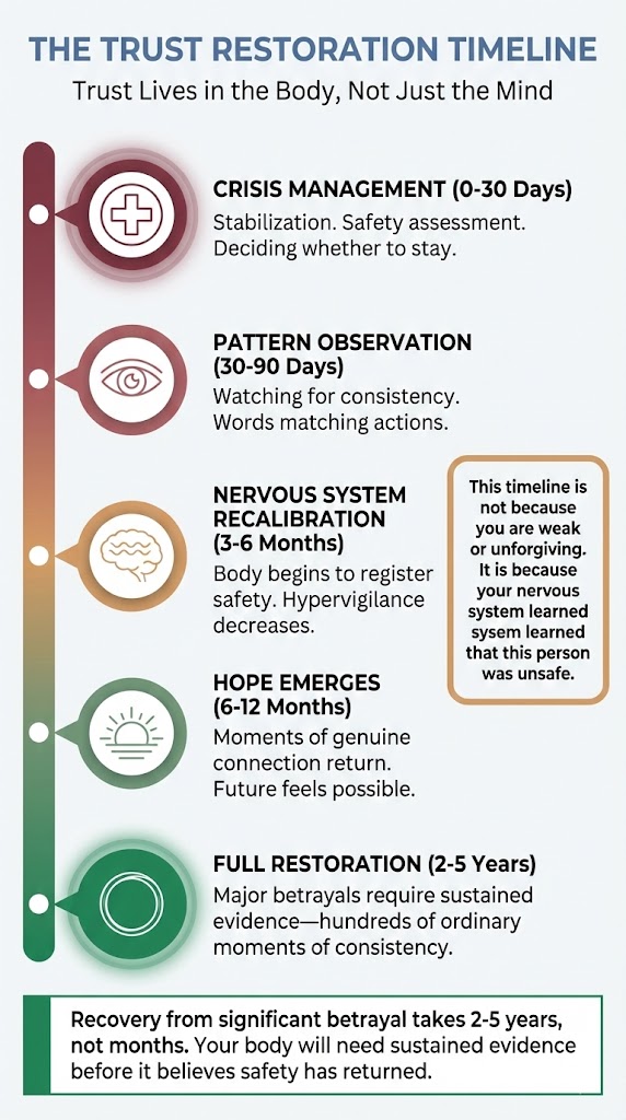 The Trust Restoration Timeline: Trust Lives in the Body, Not Just the Mind. Crisis Management (0-30 Days): stabilization, safety assessment, deciding whether to stay. Pattern Observation (30-90 Days): watching for consistency, words matching actions. Nervous System Recalibration (3-6 Months): body begins to register safety, hypervigilance decreases. Hope Emerges (6-12 Months): moments of genuine connection return, future feels possible. Full Restoration (2-5 Years): major betrayals require sustained evidence -- hundreds of ordinary moments of consistency. Recovery from significant betrayal takes 2-5 years, not months.