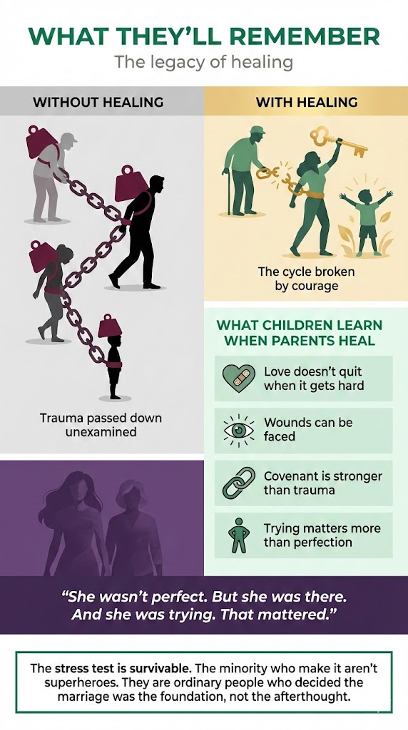 What They'll Remember: The Legacy of Healing. Without healing: trauma passed down unexamined. With healing: the cycle broken by courage. What children learn when parents heal: love doesn't quit when it gets hard, wounds can be faced, covenant is stronger than trauma, trying matters more than perfection. "She wasn't perfect. But she was there. And she was trying. That mattered." The stress test is survivable -- the minority who make it aren't superheroes, they're ordinary people who decided the marriage was the foundation, not the afterthought.