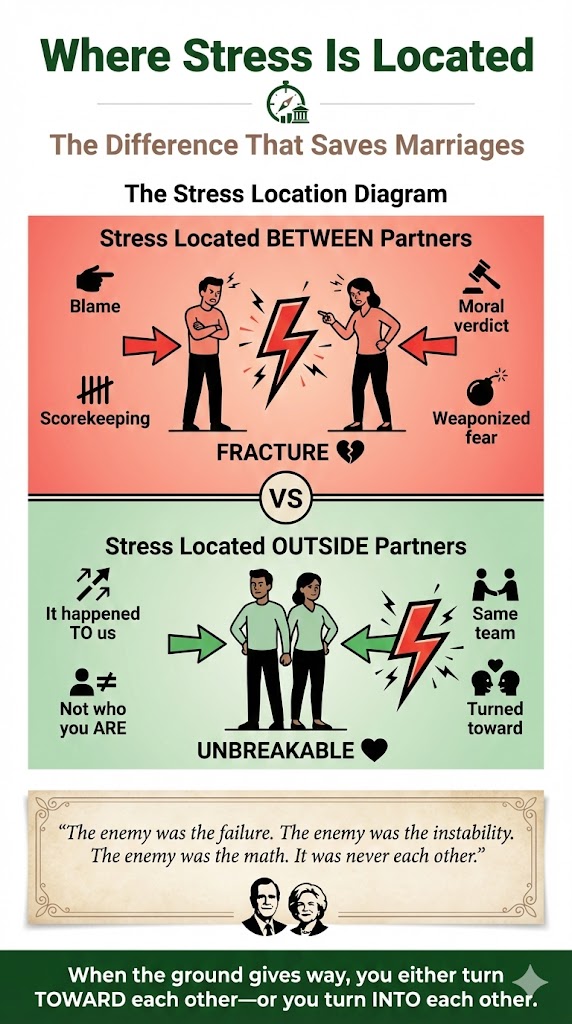 Where Stress Is Located: The Difference That Saves Marriages. Stress located BETWEEN partners: blame, moral verdict, scorekeeping, weaponized fear -- fracture. Stress located OUTSIDE partners: it happened TO us, not who you ARE, same team, turned toward -- unbreakable. "The enemy was the failure. The enemy was the instability. The enemy was the math. It was never each other." When the ground gives way, you either turn toward each other, or you turn into each other.